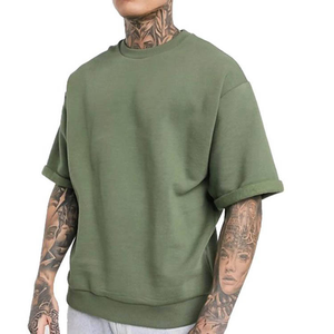 เสื้อยืดแขนสั้นผู้ชายสีเขียวมะกอกทรงโอเวอร์ไซส์ สีพื้น ผ้าคอตตอนเจอร์ซีย์ถัก สวมใส่สบาย - Product Image 6