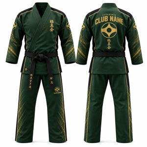 Kyokushin Club Karate Gi Verde Dorado Sublimado Manga Larga Algodón Unisex Corte Regular Todas las Estaciones Cuello en V Cintura Elástica 420g - Product Image 1