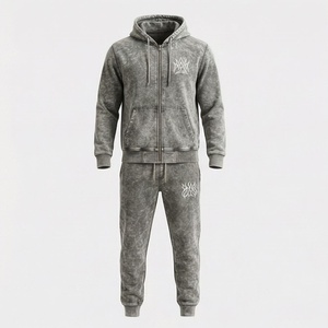 Custom Puff Print Logo Streetwear Vintage <b>Oversized</b> Two Piece <b>Jogger</b> Set Acid Wash Tracksuit Men Customized Color Suit - Product Image 1