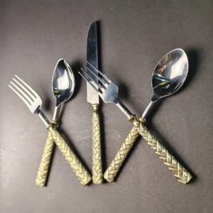 Elegant Basket Weave Pattern Gold Handle Cutlery <b>Set</b> Premium Stainless Steel <b>Knife</b>, <b>Fork</b>, <b>and</b> Spoon <b>Set</b> for High End Hotel - Product Image 2