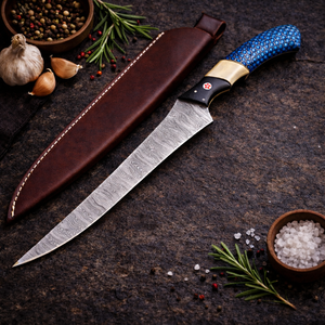 Cuchillo de filetear pescado de acero de Damasco hecho a mano, 8 pulgadas, extra afilado, mango de resina azul estilo panal de abeja, diseño moderno, ambidiestro - Product Image 6