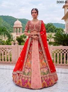 Beige Floral Print Embroidered Georgette <b>Lehenga</b> Choli Dupatta Floor Length Bridal Wear 3054-A V-Neck Sleeveless A-Line Classic - Product Image 5