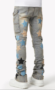 <b>Men's</b> Star Applique Distressed Breathable Customizable <b>Jogger</b> Pants Mid Waist Button Fly Street Style Unisex <b>Denim</b> - Product Image 3