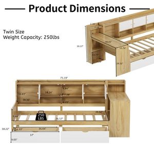 Multi-Functional L-Shape Wooden Daybed with Seven Storage Cabinets and Two Drawers Includes Built-In Study Desk - Product Image 2