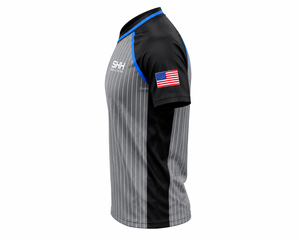 Camiseta de Árbitro Personalizada con Rayas Grises y Negras, Ribete Azul, Cuello en V, Manga Corta, Uniforme de Baloncesto para Oficiales - Product Image 2