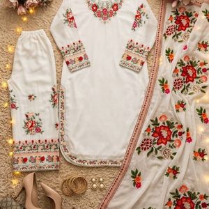 Embroidered <b>Indian</b> Pakistani <b>Top</b> Salwar Kameez Set Floral Embroidery Long Tunic Palazzo Outfit Festive Wear - Product Image 2