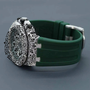 AMBER JEWELS Montre à quartz de luxe unisexe, boîtier en or blanc/jaune, bracelet en silicone vert incrusté de diamants, chronographe, cadran analogique - Product Image 3