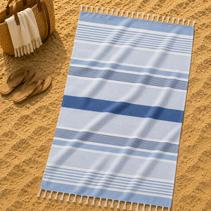 Serviette de plage Fouta 100% coton, serviette turque Hammam à séchage rapide, légère, rayée, avec franges, fournisseur en gros - Product Image 1