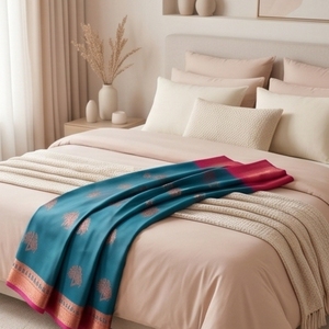 Blue <b>Silk</b> Saree with Intricate Tree Motifs and Pink Border Long Style - Product Image 1