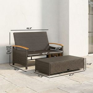 Lettino da Esterno Regolabile in Rattan con Schienale a 4 Livelli, Braccioli in Legno di Acacia, Divano Letto Beige da Patio con Pouf Contenitore - Product Image 2