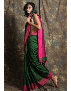 Sari de Algodón Verde Bosque KV Tejido a Mano con Blusa Sin Coser - Product Image 3