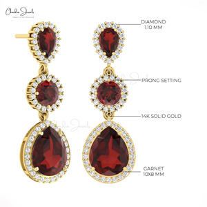 Handmade 14k Solid Gold <b>Earrings</b> Natural 10x8mm Pear Cut Red Garnet Halo <b>Earrings</b> with Diamond Accent Cocktail Jewelry for Women - Product Image 4