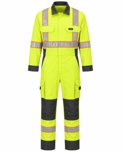 Navy Blue Lime Yellow Hi Vis Spandex <b>Waterproof</b> Industrial <b>Work</b> Coverall Heavy Duty Mechanic Overall Cargo Pockets Hidden Snap - Product Image 1