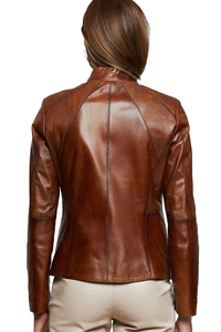 Chaqueta de Cuero Genuino para Mujer, Color Cognac, Corte Ajustado, Estilo Motociclista, Logotipo Personalizado, OEM, Ropa Exterior Informal, RAO CRAFT - Product Image 6