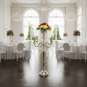 Candélabre vintage en métal et cristal avec coupelle à fleurs, finition brillante, centre de table de mariage, candélabre fait main avec photophore en verre - Product Image 2