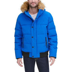 Veste d'hiver pour homme en duvet bleu avec capuche en fourrure, coupe-vent, col montant, coupe classique - Product Image 3