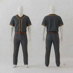 Uniforme de Béisbol Personalizado para Hombre, Jersey a Rayas Color Carbón con Ribete Dorado, Pantalones a Rayas Color Carbón, Cinturón Marrón, Traje Deportivo para Equipo - Product Image 1