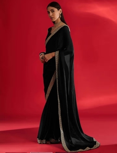 KV Women <b>Satin</b> Black Embellished Saree with Unstitched <b>Blouse</b> - Product Image 2