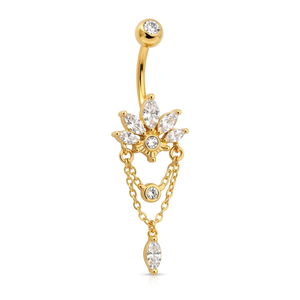 10k <b>Gold</b> <b>Belly</b> <b>Button</b> <b>Ring</b> Internally Threaded Dangle Chain Floral Diamond Body Jewelry for Party & Wedding - Product Image 2