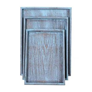 Ensemble de plateaux de service en bois rustique, finition vieillie, plateaux rectangulaires imbriqués, plateau de petit-déjeuner, plateau à thé, décoration d'intérieur - Product Image 1