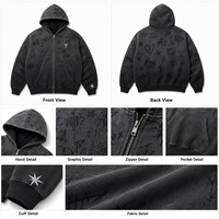 Sweat à capuche zippé intégral OEM vintage délavé style streetwear imprimé sur toute la surface, unisexe, coupe ample en coton brodé avec poche kangourou