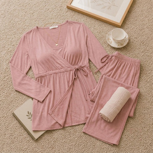 Conjunto de Pijama de Maternidad para Mujer, Manga Larga, Cuello en V, Cierre Cruzado, Color Sólido, Transpirable, Corte Holgado, Viscosa y Spandex - Product Image 5