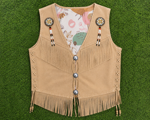 Chaleco Formal Occidental para Hombre de Alta Calidad, Beige, Transpirable, de Cuero de Ante con Flecos, Cuentas y Adornos, Hecho a Mano, Cuello en V, Verano, OEM - Product Image 5