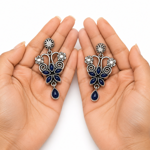 Wholesale Oxidized Silver Alloy <b>Sapphire</b> Bezel Set Dangle Trendy Drop <b>Earrings</b> from Rajasthan Women's Gift Bulk Supplier - Product Image 5