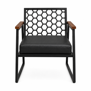 Fauteuil moderne en métal avec dossier en nid d'abeille, accoudoirs en bois et siège rembourré pour salon, bureau ou salle de séjour - Product Image 1