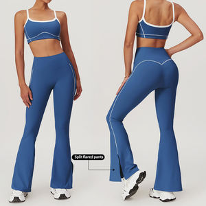 Women's 2 Piece Yoga Set High Waist <b>Flared</b> <b>Leggings</b> Solid Color Seamless Spaghetti Strap Crop Top All Day Support - Product Image 3