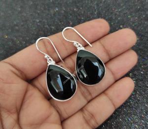 Stylish Chunky Design 925 Sterling Silver Teardrop <b>Black</b> Onyx Fine <b>Dangle</b> <b>Earrings</b> Bohemian Style Trendy Wedding Party - Product Image 2