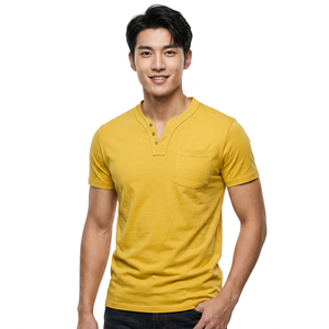 Men's Yellow V-Neck Fit Short Sleeve <b>T</b>-<b>Shirt</b> Solid Color Casual Knitted <b>with</b> <b>Pocket</b> - Product Image 5