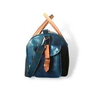 Blue <b>Leather</b> Weekender Duffel <b>Bag</b> With Tan Handles Zipper Closure Large Capacity Travel <b>Bag</b> Unisex Style - Product Image 3