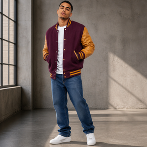 Veste universitaire pour homme de couleur marron avec manches en PU beige, fermeture à boutons, vêtement décontracté pour l'automne, coupe classique - Product Image 1