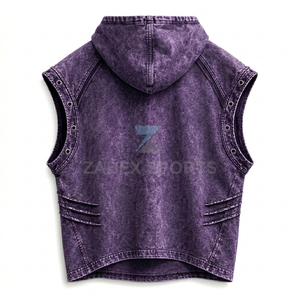 Gilet en jean sans manches à capuche pour homme, style vintage délavé, 100 % coton, broderie automne, mode urbaine, style streetwear personnalisé - Product Image 2
