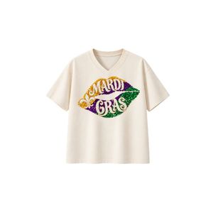 T-shirt respirant à manches courtes et col en V pour femme, orange, avec motif flamant rose et strass Mardi Gras Y'all, design élégant - Product Image 3