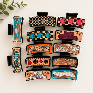 Pince à cheveux en cuir de vachette sculpté de qualité supérieure, motif floral western, accessoires pour cheveux de cowgirl, prix de gros, parfaite pour le style quotidien - Product Image 4