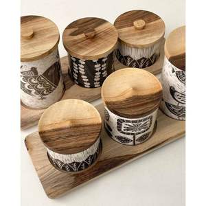 Eco-Friendly Acacia Wood <b>Storage</b> <b>Jar</b> Enamel Printed Artistic Kitchenware for Food & <b>Spice</b> Organization - Product Image 1