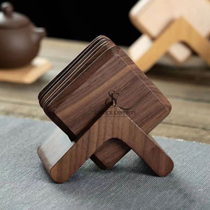 Walnut Wood Handmade Wooden Coaster Set With Cross <b>Stand</b>. Square Shape Premium Wholesale Tabletop Decor For Home & Cafe - Product Image 2