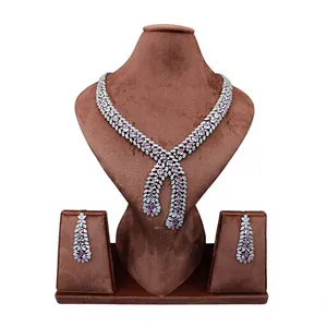 Conjunto de Collar de Latón de Alta Calidad con Circonita Rosa, Bañado en Rodio, Gargantilla de Circonita Cúbica, Conjuntos de Joyería de Moda para Boda y Novia - Product Image 1