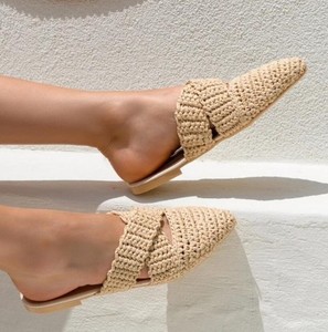 Beige Handwoven Pointed Toe Wicker Barefoot Mules | Straw Summer Sandals | Bamboo Yarn <b>Slides</b> - Product Image 1