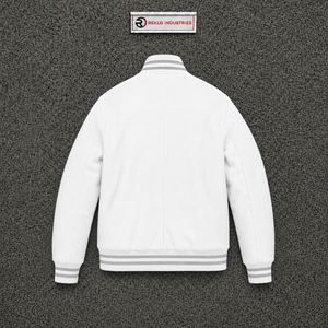 Chaqueta universitaria premium de lana blanca para hombre, chaqueta de béisbol personalizada con letras, cuello, puños y dobladillo acanalados con rayas grises, estilo clásico. - Product Image 6