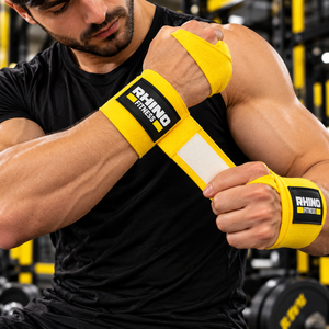 สายรัดข้อมือปรับระดับได้ Rhino Fitness สีเหลือง แบบตีนตุ๊กแก ผ้าฝ้าย สำหรับยกน้ำหนัก ใช้ได้กับมือซ้าย เหมาะสำหรับใช้ในยิม - Product Image 2