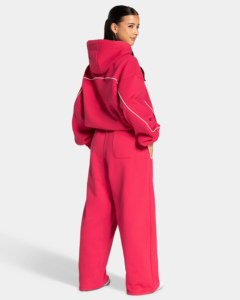 Ensemble de survêtement rouge cerise pour femme, coupe ample, couleur unie, poches latérales, 100 % coton, avec passepoil, tendance - Product Image 2