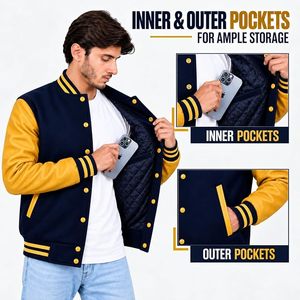 Veste varsity vintage pour homme, bleu marine et jaune, manches en simili cuir, boutons pression - Product Image 5