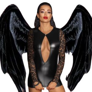 Black PU Leather Bodycon Dress With Lace Long Sleeves Deep V Neck Cut-Outs Fitted Sexy Party Wear - Product Image 4
