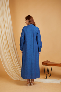 Breezy Sky Blue Cotton Maxi <b>Dress</b> Featuring Long Sleeves Stand Collar and Pleated Flowing Silhouette for Summer Casual Wear - Product Image 2
