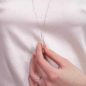 Round Baguette Lab Grown Diamonds Pendant <b>Necklace</b> Pave Set Vertical 14K Gold 925 <b>Silver</b> 30 Inch Long Bar Drop Chains Wholesale - Product Image 2
