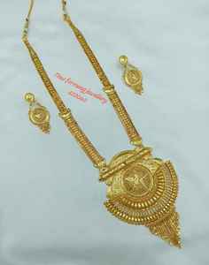 Conjunto de collar largo estilo templo del sur de la India chapado en oro de 18 quilates con aretes, ideal para bodas, compromisos y fiestas. - Product Image 2