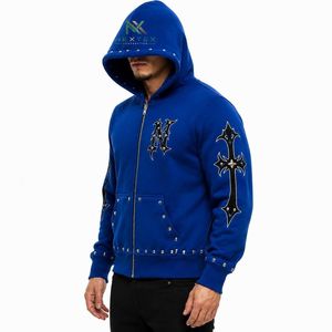 Custom Men <b>Gothic</b> Cross Studded Zipper <b>Hoodie</b> Winter Streetwear Hip Hop Oversized Fleece Jacket Casual Hooded Sweatshirt - Product Image 4